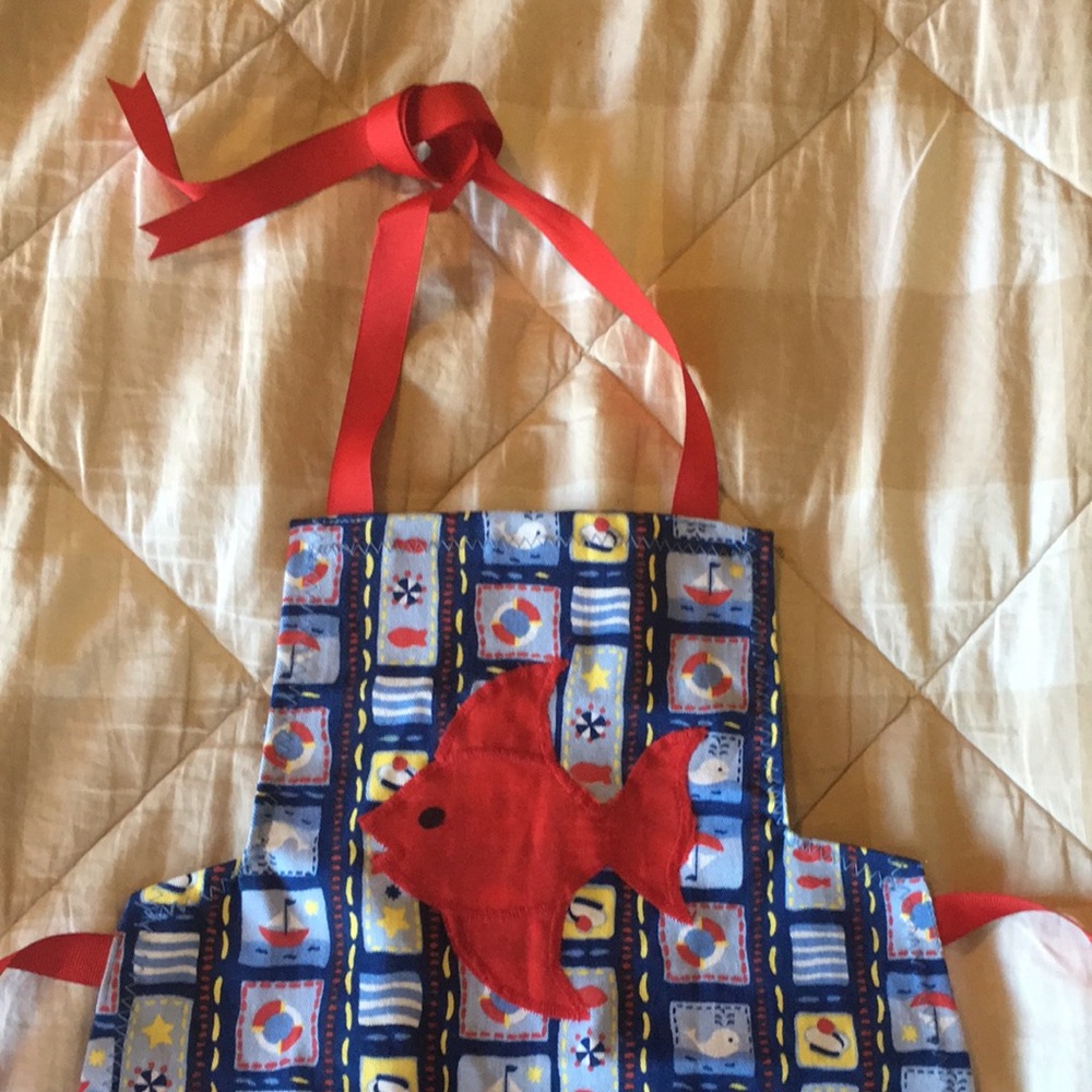 Colorful Toddler Size Fish Apron with Red Ribbon Ties - Picture 3 of 7